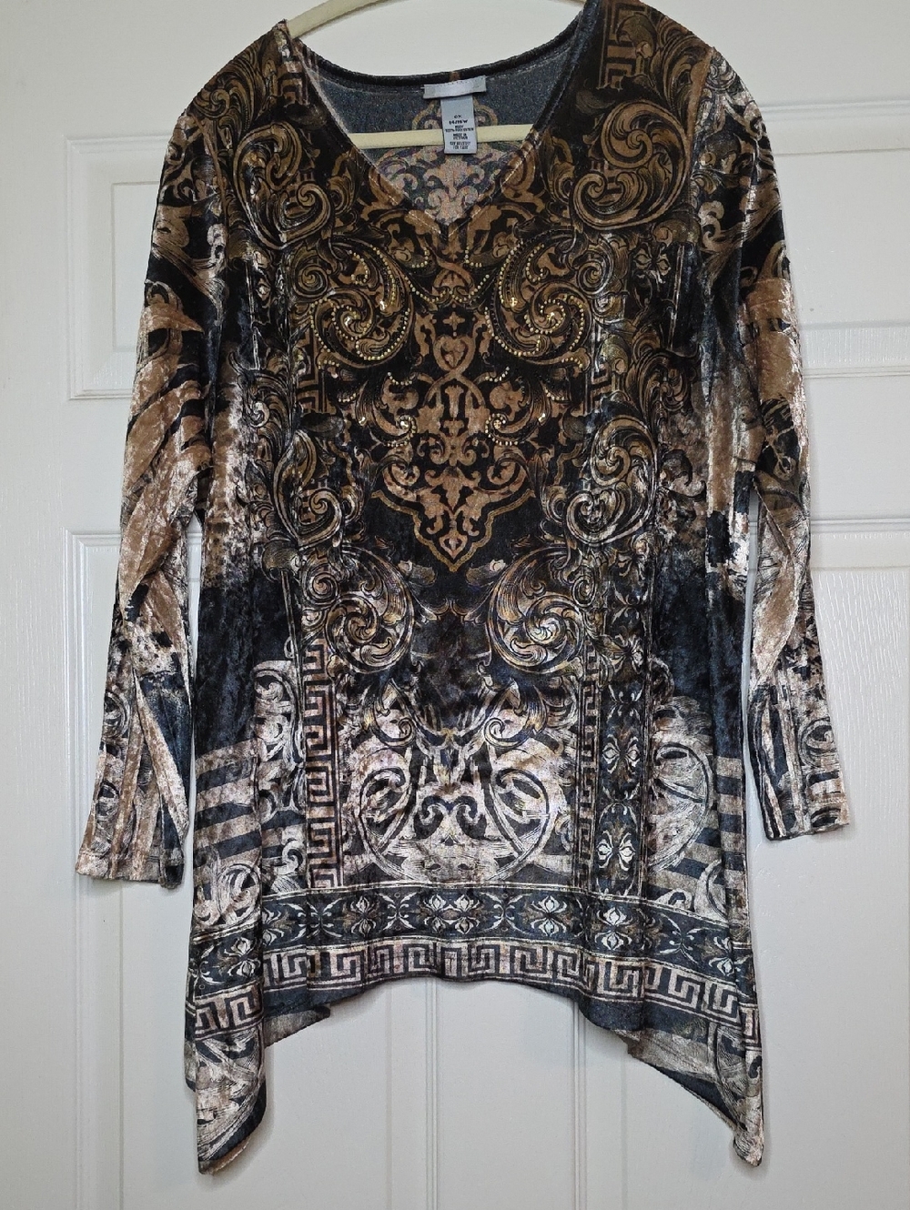 Catherine's Faux Velvet Printed Asymmetrical Hem Women's Top Gold Black Witchy